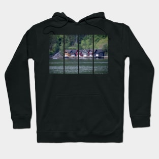 Wonderful landscapes in Norway. Vestland. Beautiful scenery of coloured houses facing the spectacular Sognefjord. Rainy day Hoodie